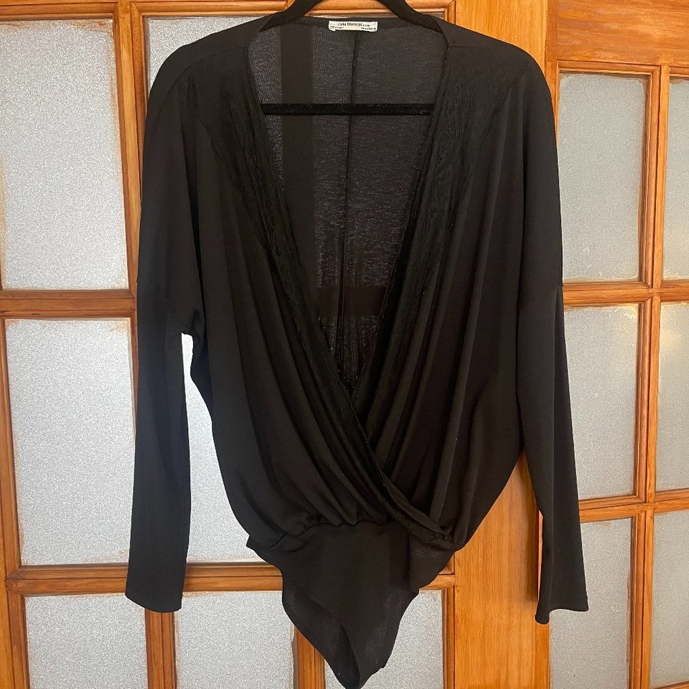 Black Crossover Bodysuit with Lace Trim